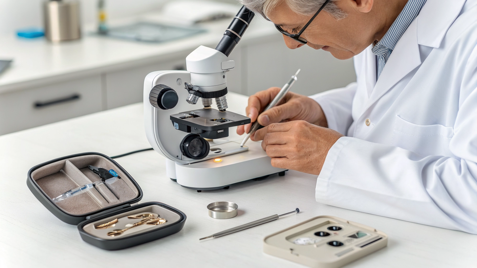 Audiology technician carefully repairing a digital hearing aid at a modern laboratory workspace