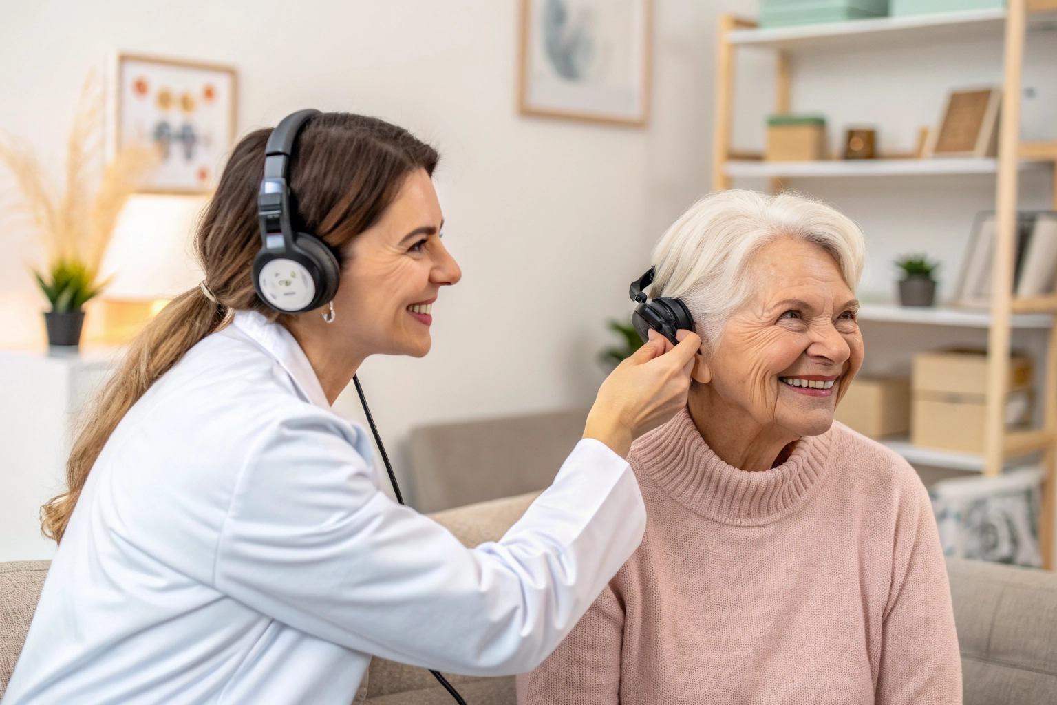 Audiologist performing professional diagnostic test on patient