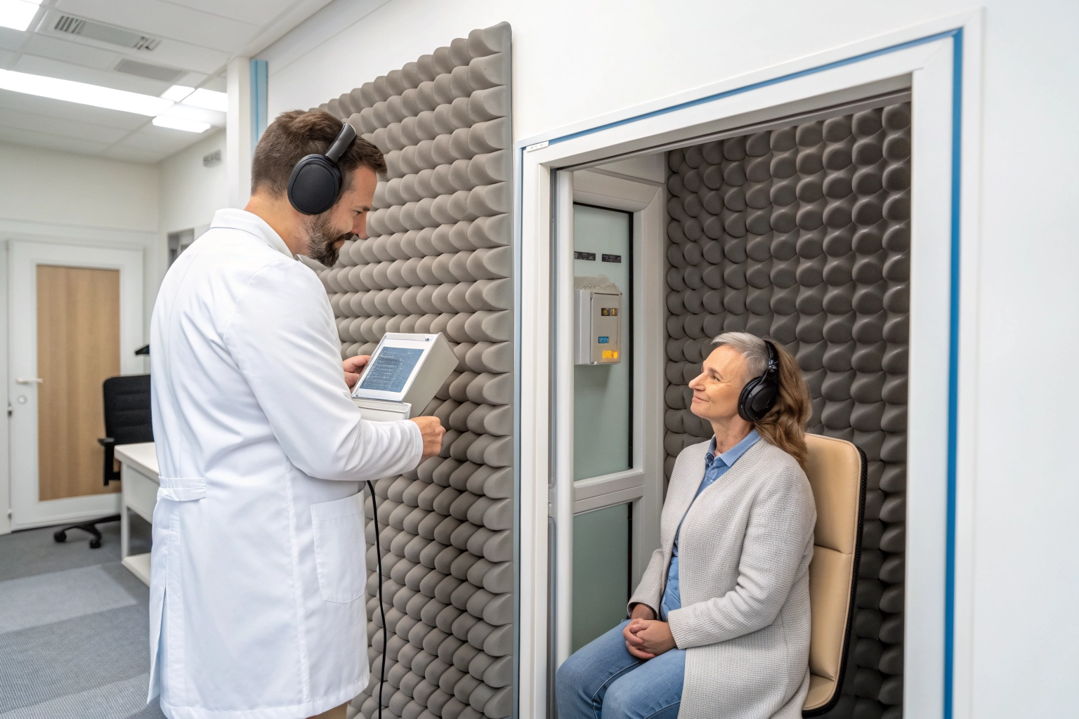 Audiologist performing a hearing test inside a professional acoustic booth